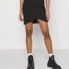 Even&Odd Asymetric Overlap Wrap Mini High Waisted Skirt - Pencil Skirt - Black