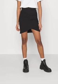 Even&Odd Asymetric Overlap Wrap Mini High Waisted Skirt - Pencil Skirt - Black